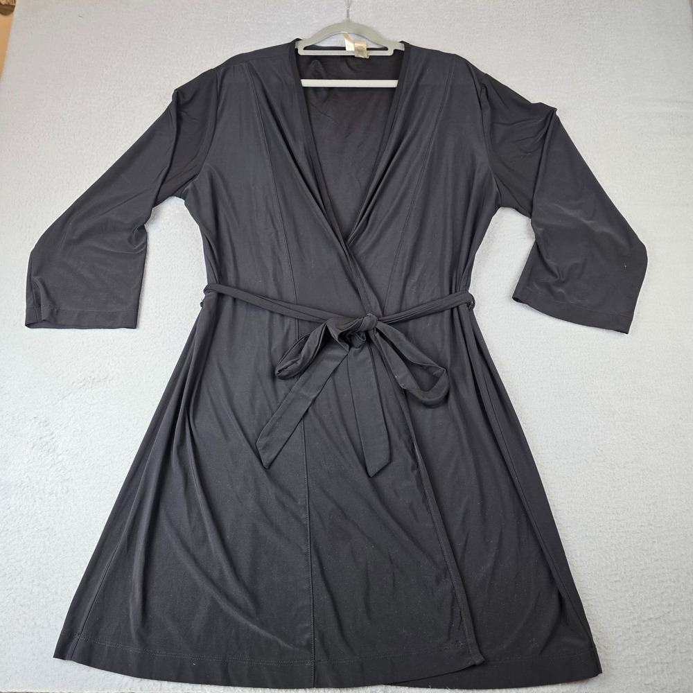 Ambrielle Lounge Robe Women's XL Black Stretch Lightweight Tie Waist 3/4 Sleeve